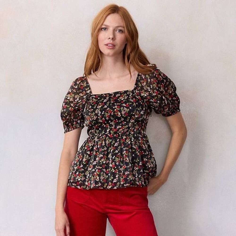 LC Lauren Conrad Puff Sleeve Floral Peplum Top Size XXL